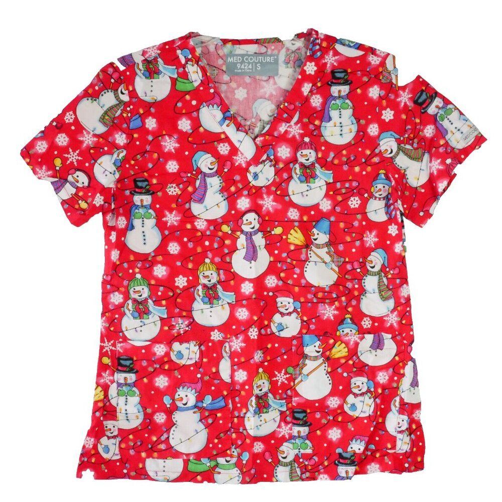 Med Couture Women's Size S Scrub Top Red Snowmen Winter Christmas Nurse Medical